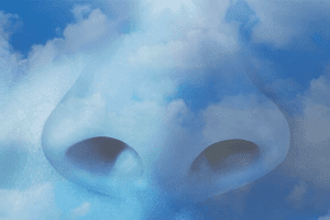 Human nose breathing clean air; blue sky with puffy clouds.