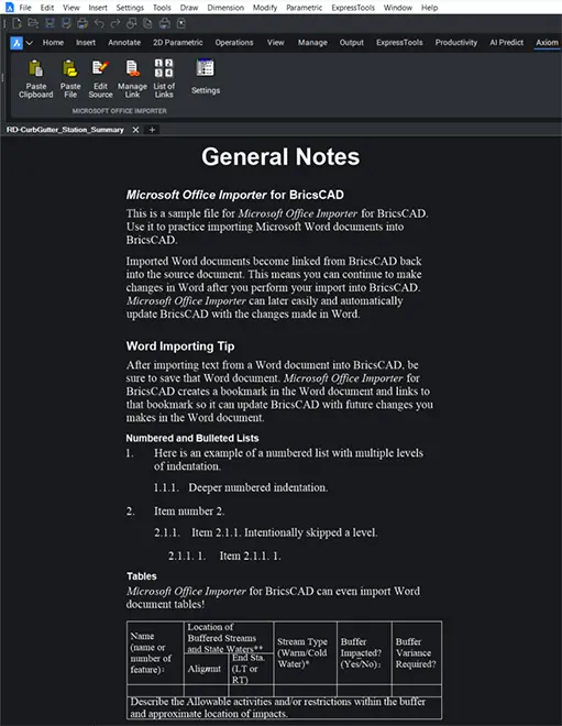 The same document imported into BricsCAD with Microsoft Office Importer