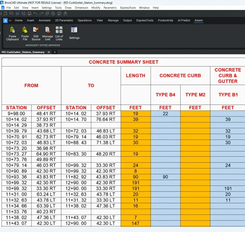 The same spreadsheet imported into BricsCAD with Microsoft Office Importer